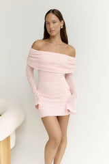 Beloved Dreams Off Shoulder Long Sleeve Mini Dress Pink