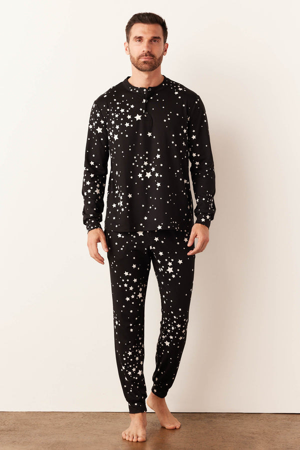 Adam Cloud Jersey Henley Set in Black Stars