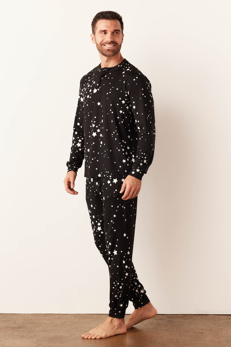 Adam Cloud Jersey Henley Set in Black Stars