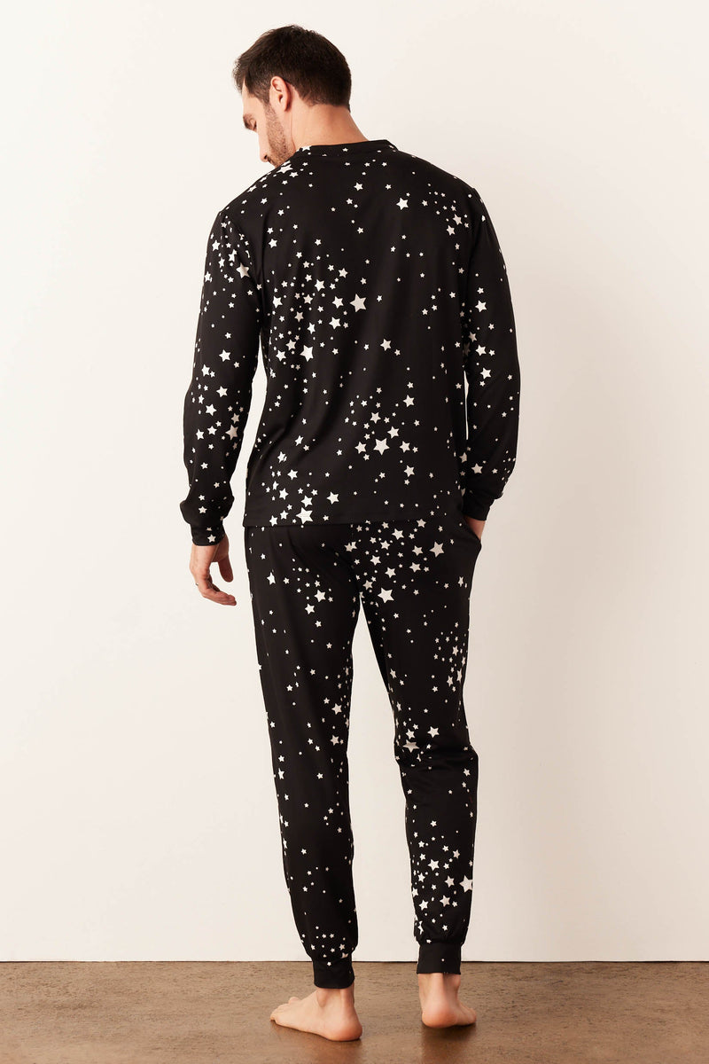Adam Cloud Jersey Henley Set in Black Stars