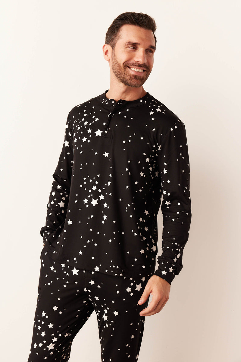 Adam Cloud Jersey Henley Set in Black Stars