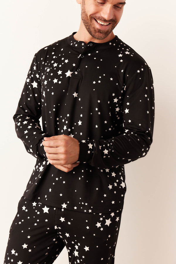 Adam Cloud Jersey Henley Set in Black Stars