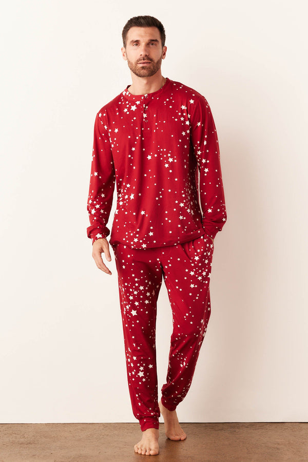 Adam Cloud Jersey Henley Set in Red Stars