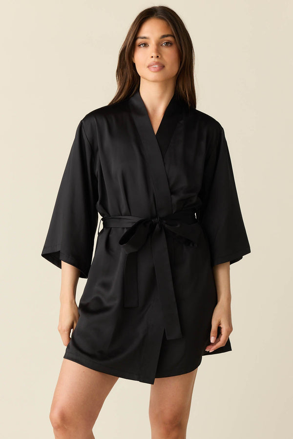 Adriana Luxe Satin Short Kimono in Black