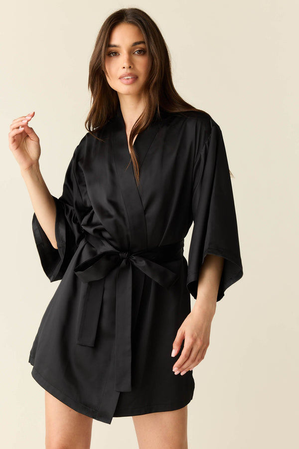 Adriana Luxe Satin Short Kimono in Black
