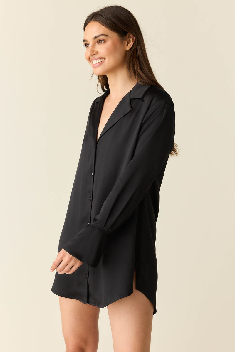 Daniela Luxe Satin Boyfriend Shirt in Black