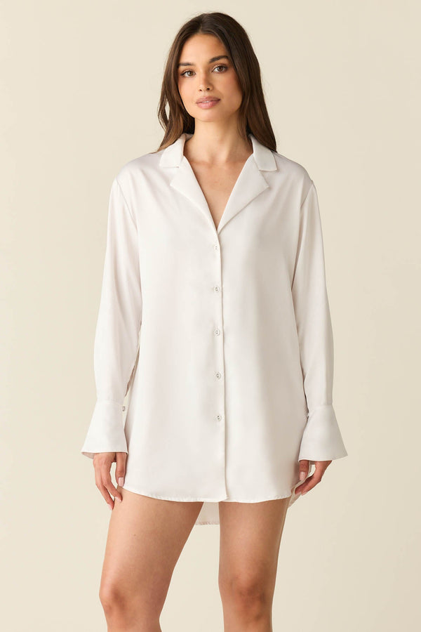 Daniela Luxe Satin Boyfriend Shirt in Blanc