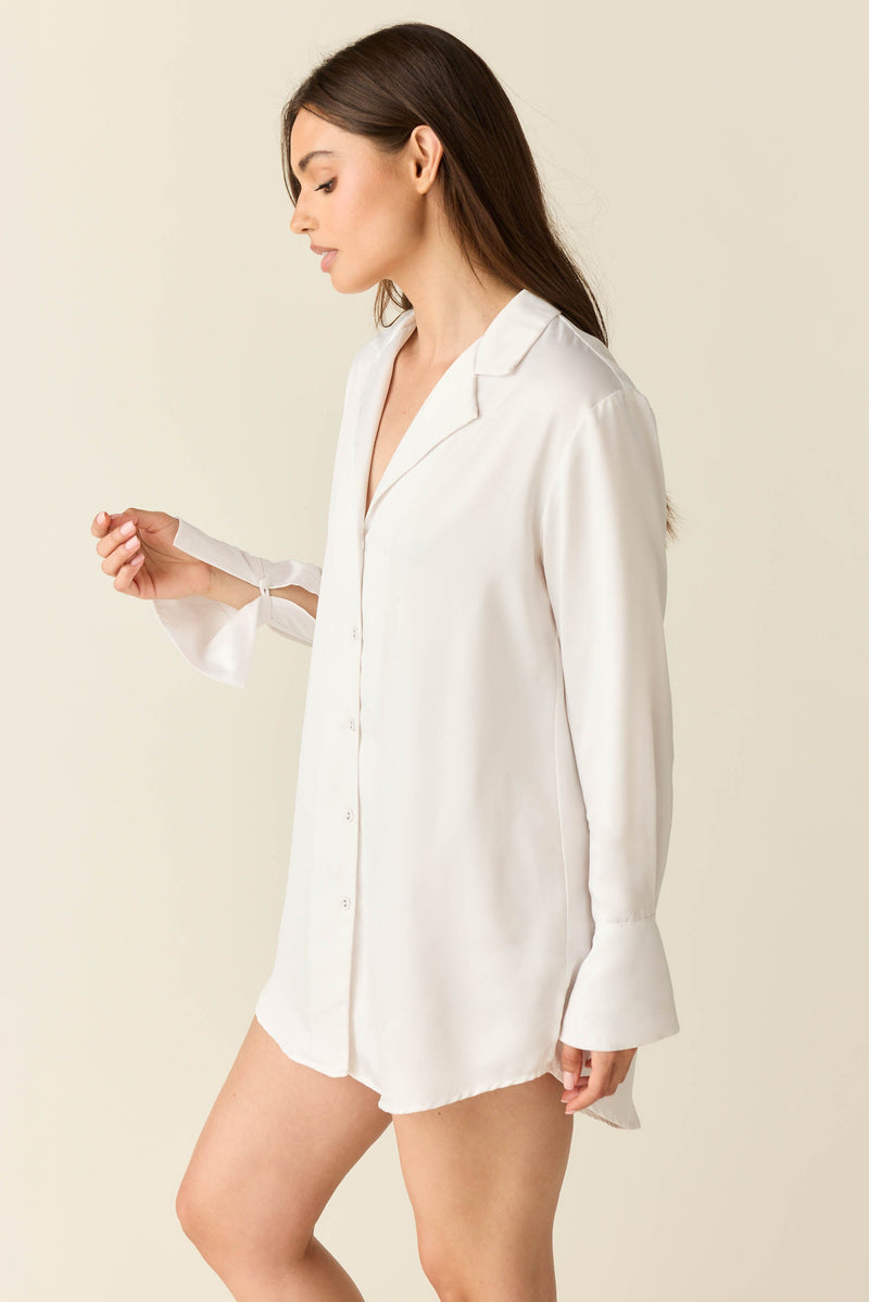 Daniela Luxe Satin Boyfriend Shirt in Blanc