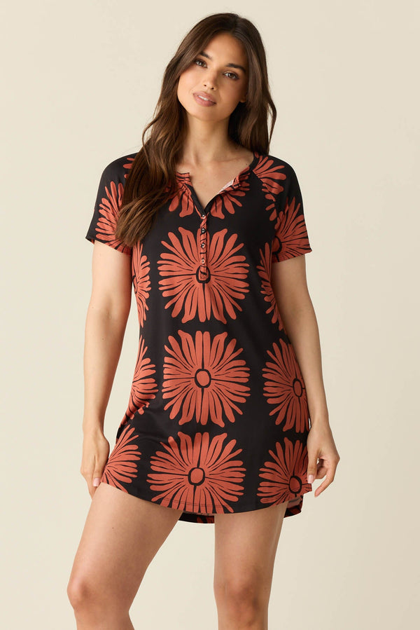 Nikki Summer Jersey Henley Dress in Desert Bloom